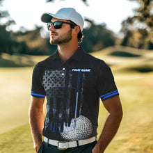 Load image into Gallery viewer, Black & White grunge American Flag Skull Mens golf polo shirts custom golf attire for mens | Blue NQS9344