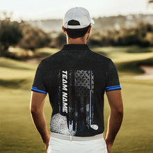 Load image into Gallery viewer, Black & White grunge American Flag Skull Mens golf polo shirts custom golf attire for mens | Blue NQS9344