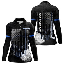 Load image into Gallery viewer, Black & White grunge American Flag Skull Women golf polo shirts custom golf attire for ladies | Blue NQS9344