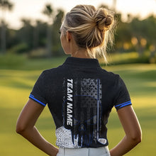 Load image into Gallery viewer, Black & White grunge American Flag Skull Women golf polo shirts custom golf attire for ladies | Blue NQS9344