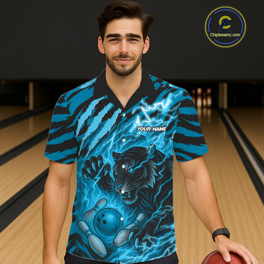 Personalized Tiger Bowling Hawaiian Shirt, Blue Flame Lightning Thunder Tiger Team Bowling Jerseys NQS11232