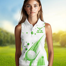 Load image into Gallery viewer, Green & White shamrock Lucky Women sleeveless polo shirt Custom St Patrick Day golf attire for ladies NQS9500