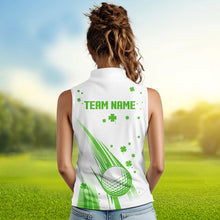 Load image into Gallery viewer, Green & White shamrock Lucky Women sleeveless polo shirt Custom St Patrick Day golf attire for ladies NQS9500