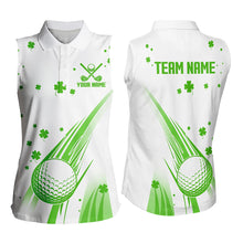 Load image into Gallery viewer, Green & White shamrock Lucky Women sleeveless polo shirt Custom St Patrick Day golf attire for ladies NQS9500