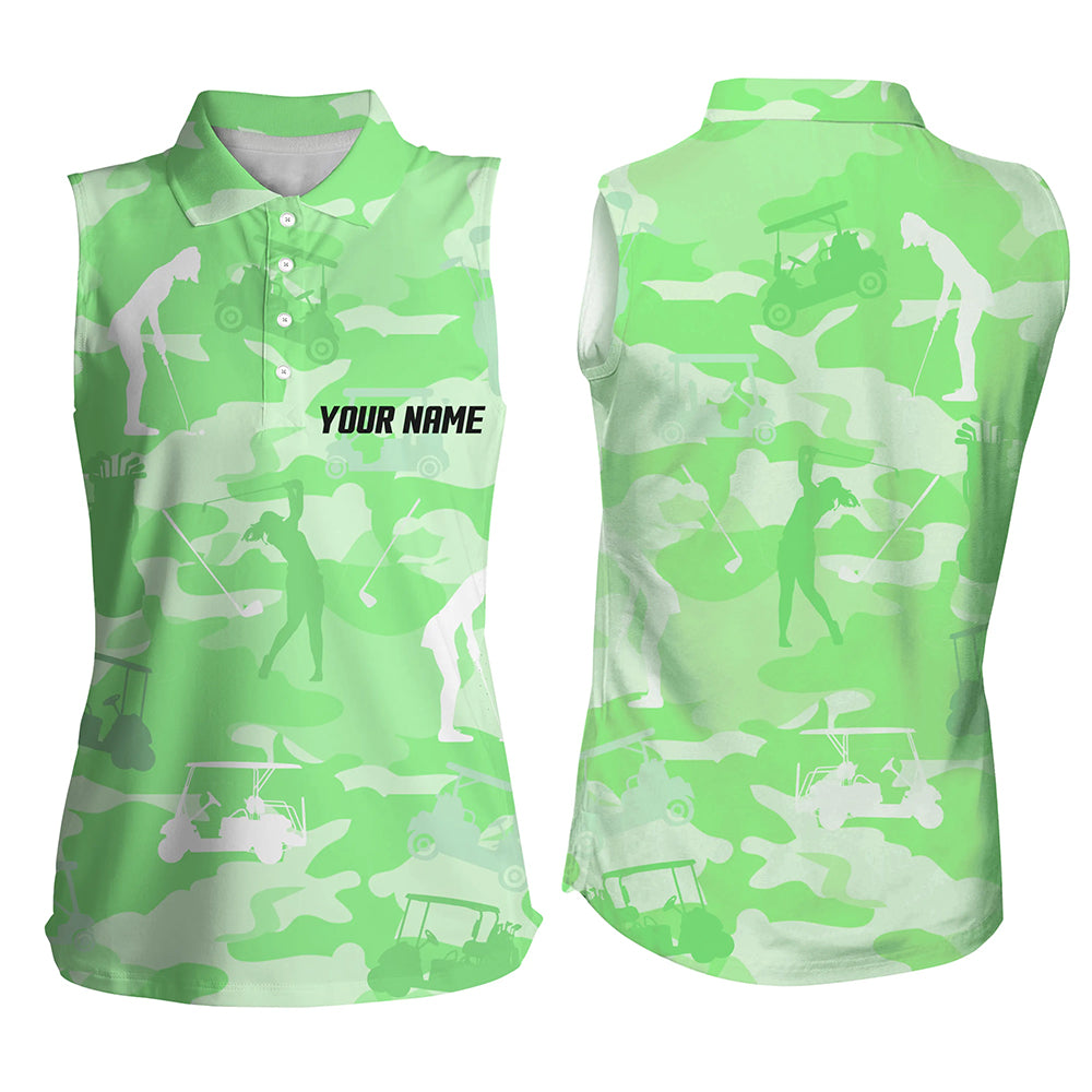 Green camo Womens sleeveless polo shirt custom name green golf shirts for women, golfing gifts NQS5925