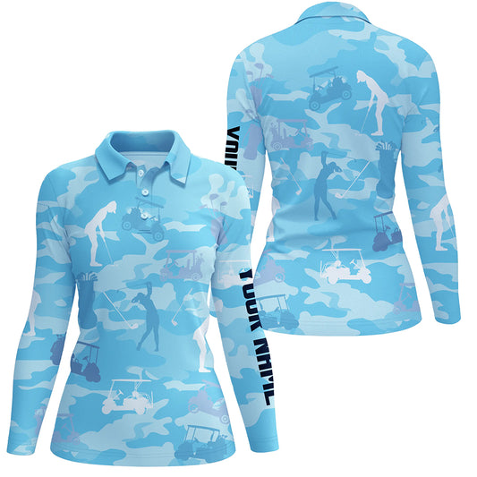 Blue camo Womens golf polos shirts custom name blue golf shirts for women, golfing gifts NQS5926