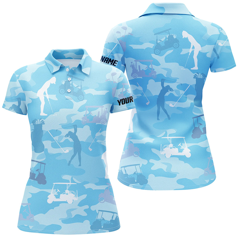 Blue camo Womens golf polos shirts custom name blue golf shirts for women, golfing gifts NQS5926