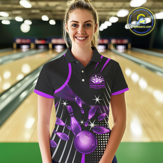 Black and Purple Women Bowling Polo, Quarter Zip Shirts Custom Bowling outfit ladies Team Jerseys NQS9958