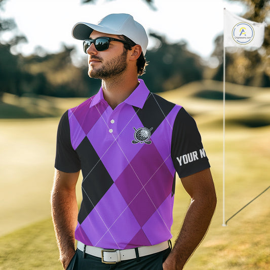 Mens golf polos shirts custom purple and black golf argyle plaid pattern, personalized golf gifts NQS10653