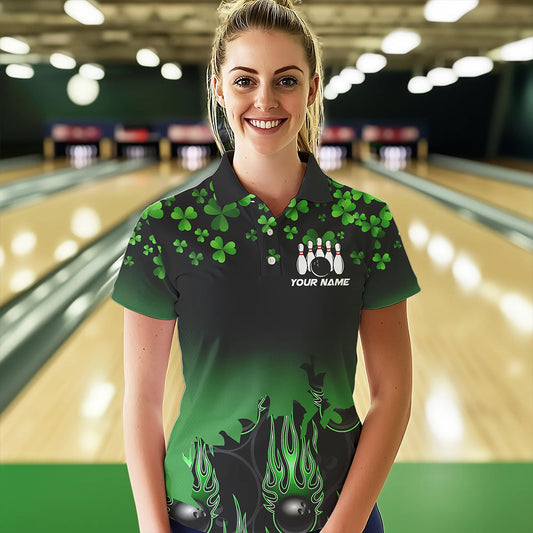 Green shamrock Flame bowling shirts for Women Custom St Patrick Day black team league bowling jerseys NQS9390