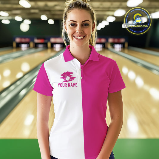 Pink and white Retro Bowling shirts For Women Custom team bowling jerseys gift for Bowlers NQS10147