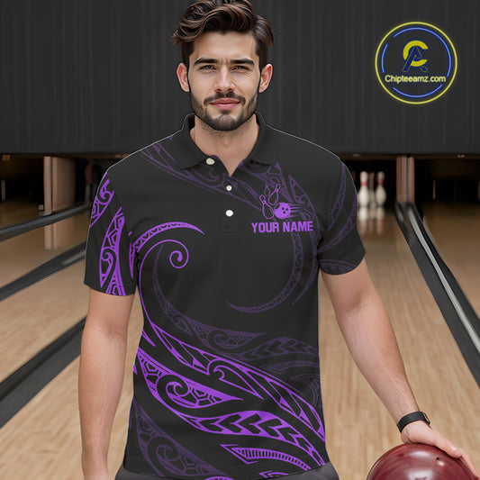 Black and Purple Tribal Pattern Bowling Polo, Quarter Zip shirts For Men Custom Team Bowling Jerseys NQS10486