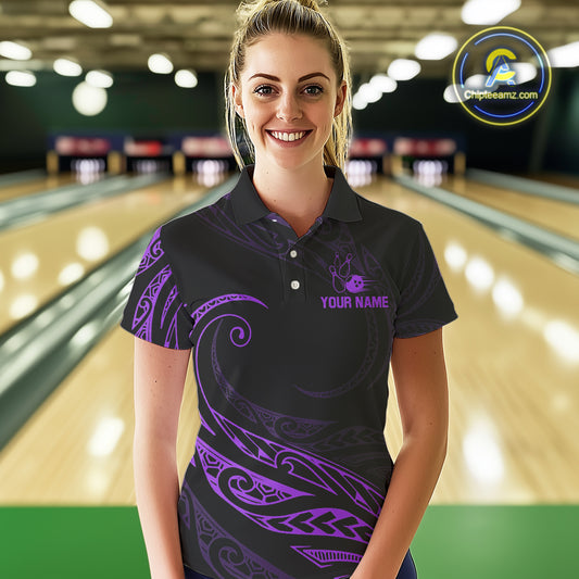Black and Purple Tribal Pattern Bowling Polo, Quarter Zip shirts For Women Custom Team Bowling Jersey NQS10486
