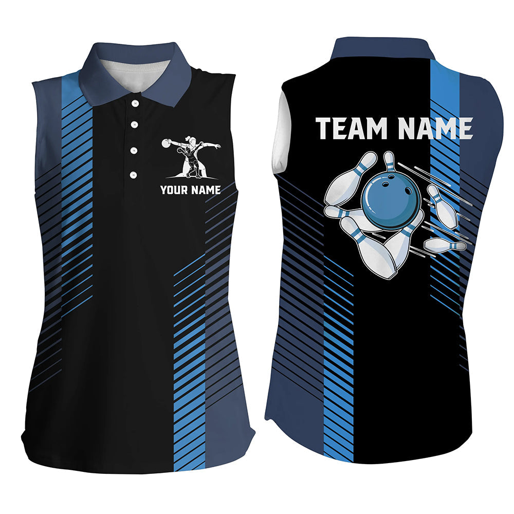 Black and blue bowling shirt for women custom Women sleeveless Polo Shirts, team bowling jerseys NQS7502