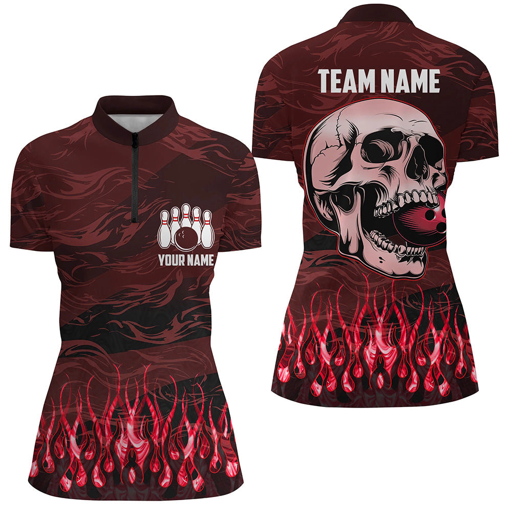 Bowling polo, quarter zip shirts for women Custom Red camo Flame Skull Bowling Team League Jerseys NQS7653