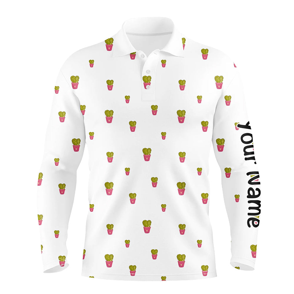 Personalized cute cactus white pattern mens golf polo shirts custom cactus golf shirt, golfer gifts NQS8320