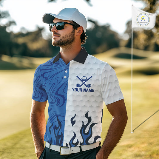 White and Blue Camo Flame Mens Golf Polo Shirt Custom golf attire for men, personalized golf gifts NQS10709