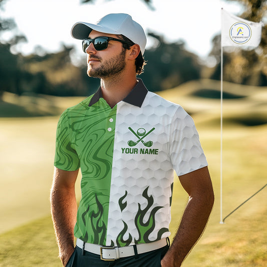 White and Green Camo Flame Mens Golf Polo Shirt Custom golf attire for men, personalized golf gifts NQS10710
