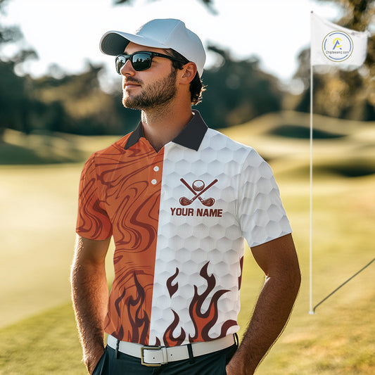 White and Orange Camo Flame Mens Golf Polo Shirt Custom golf attire for men, personalized golf gifts NQS10711