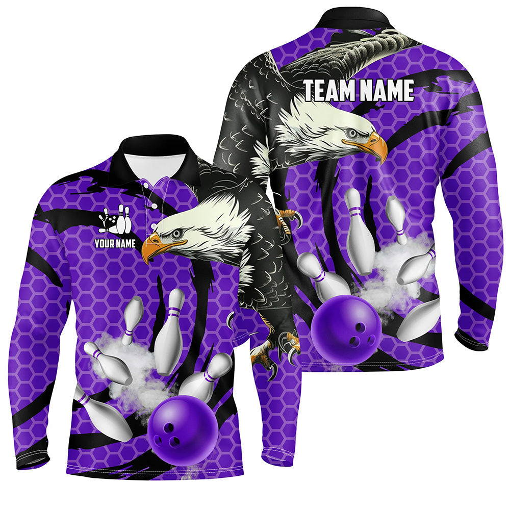 Eagle bowling ball and pins Purple camo custom Men Bowling Polo Shirts, team mens bowling jersey NQS7515