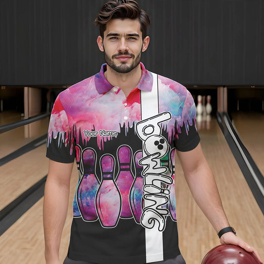 Black and Pink watercolor Bowling Polo, Quarter Zip Shirts For Men Custom Bowling Jersey Team Outfit NQS9593