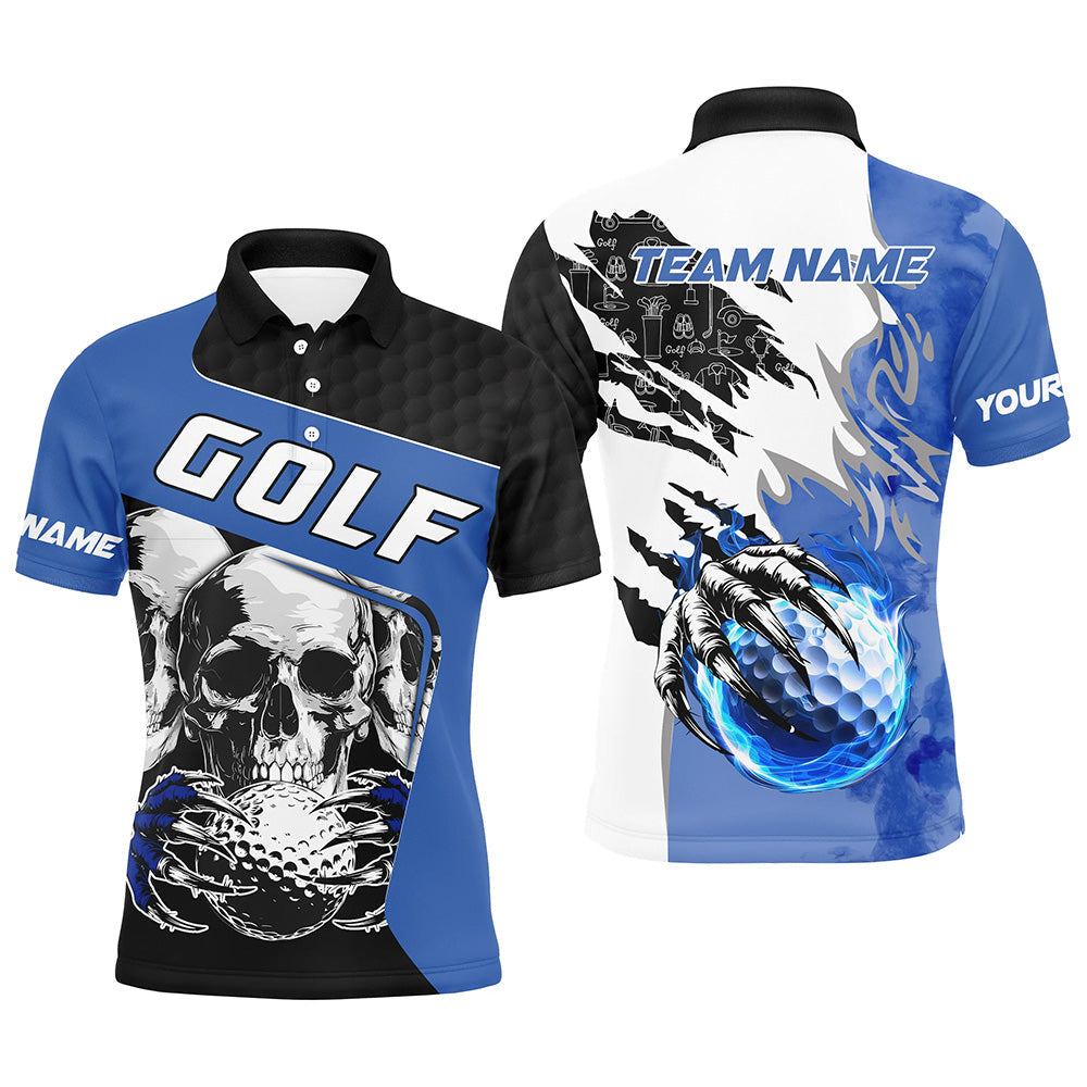 Mens golf polo shirts custom skull golf ball fire golf jerseys, unique golf gifts | Blue NQS7519
