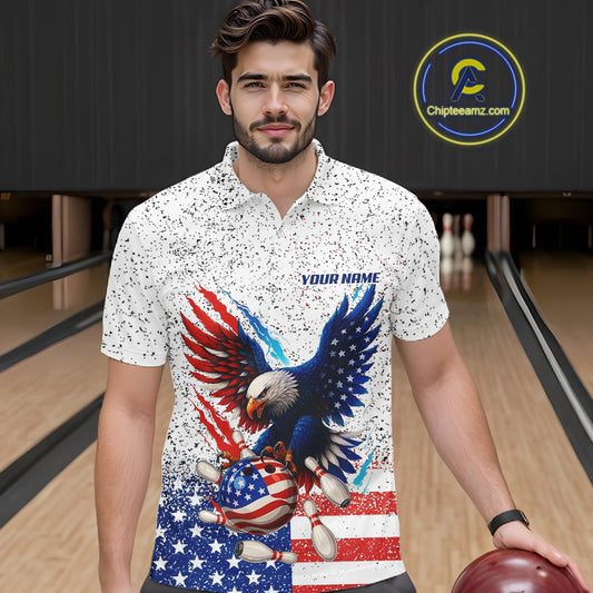 Grunge American Flag Eagle Bowling Polo, 1/4 Zip Shirt For Men Custom patriotic Team Bowling jerseys NQS11327