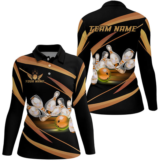 Personalized Black And Gold Bowling Shirts For Women, Custom Team Bowling League Jerseys NQS8347