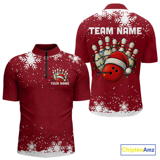 Red Christmas Bowling snowflake Men's Bowling Polo, Quarter Zip shirts Custom Xmas Bowling Outfits NQS10949