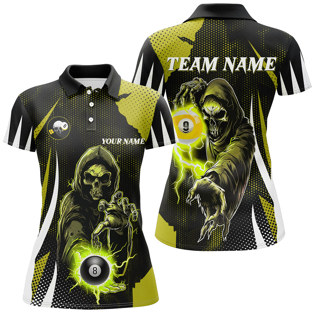 Funny Yellow Grim Reaper With Billiard 8 Ball & 9 Ball Women Polo Shirts Custom Billiard Team Jersey TDM1341