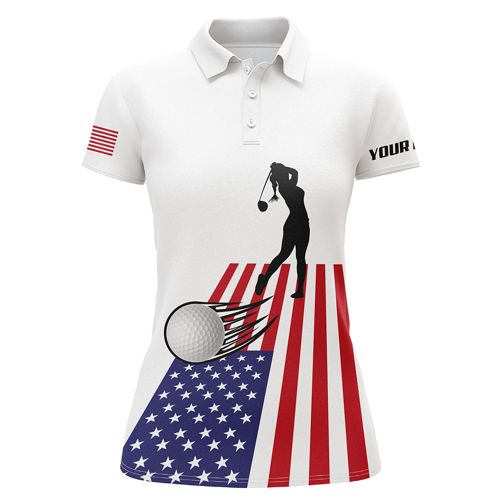 American flag Womens golf polos shirts custom name patriotic white golf shirt, womens golf wear NQS7964