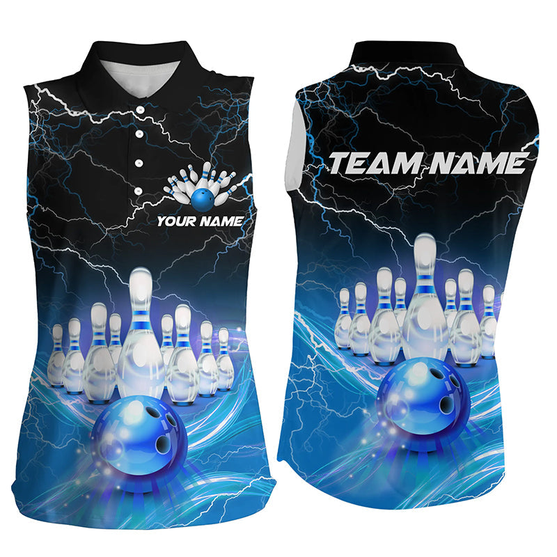 Blue light lightning thunder Women sleeveless polo shirt Custom Team bowling jerseys, gift for bowlers NQS7419