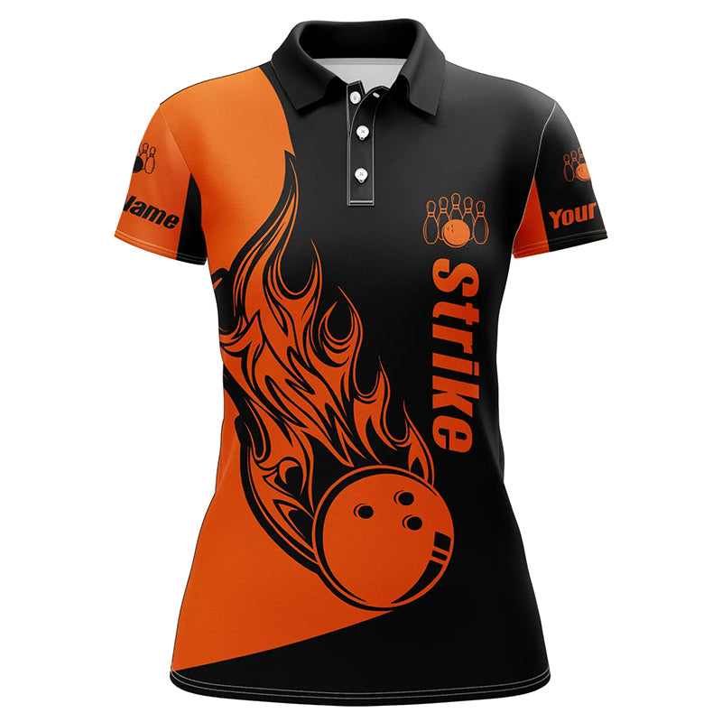 Custom Black Orange bowling shirt for women – personalized team jersey front view