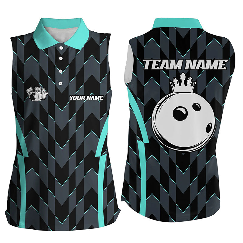 Bowling sleeveless Polo shirt for women custom camo bowling Team jerseys, gift for bowler | Turquoise NQS8201