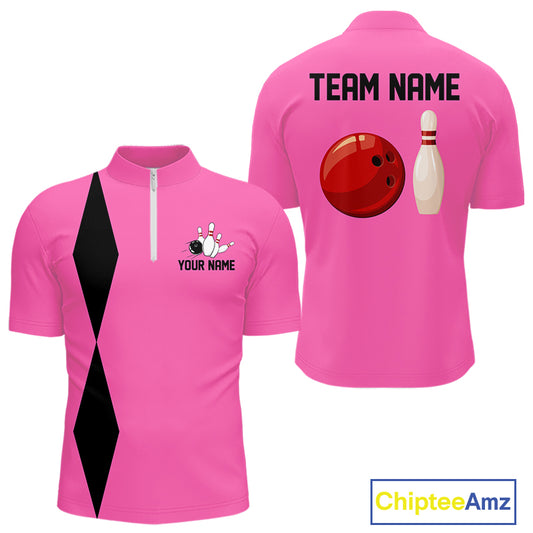 Personalized Retro Bowling Polo, Quarter Zip Shirts For Men custom vintage bowling team jersey | Pink NQS11012