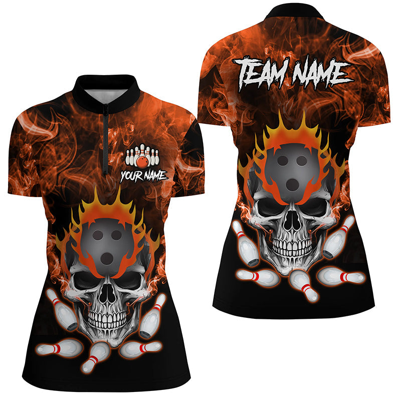 Orange smoke Skull bowling Polo, Quarter Zip shirt for Women Custom Team bowling League jerseys NQS8210