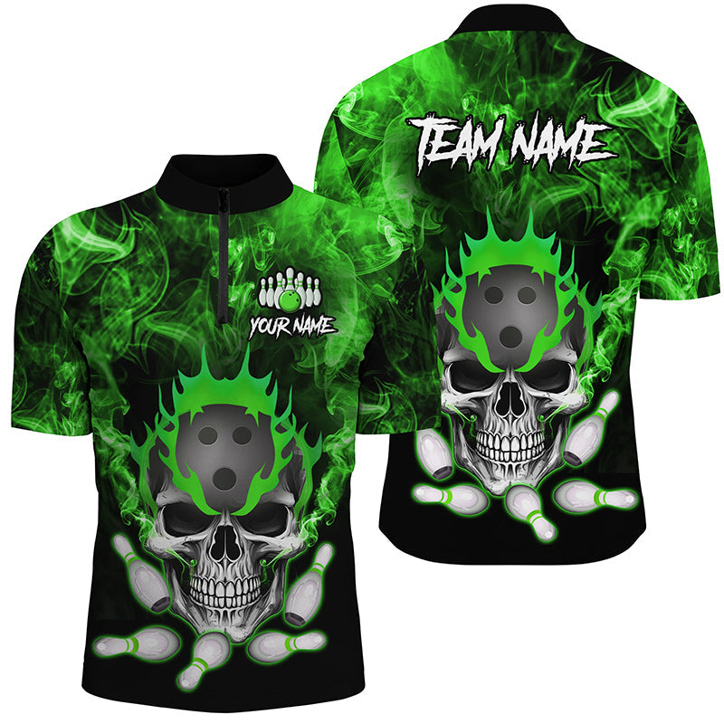 Green smoke Skull bowling Polo, Quarter Zip shirt for men Custom Team bowling League jerseys NQS8211