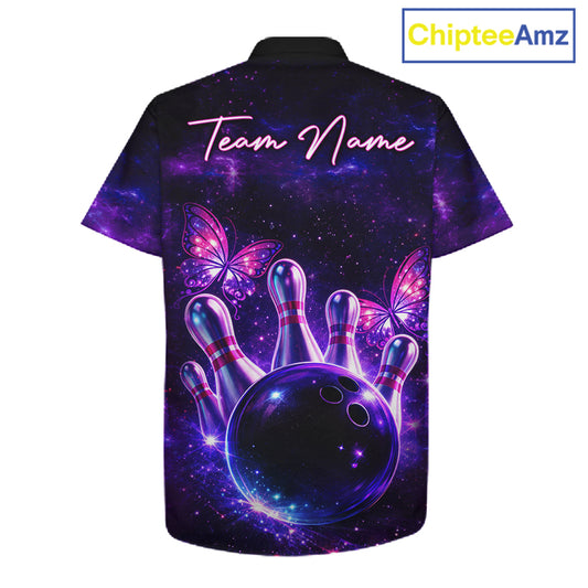 Custom Purple Galaxy Butterfly Bowling Button-up Shirt, Hawaiian Bowling Team Jersey With Butterflies NQS11627