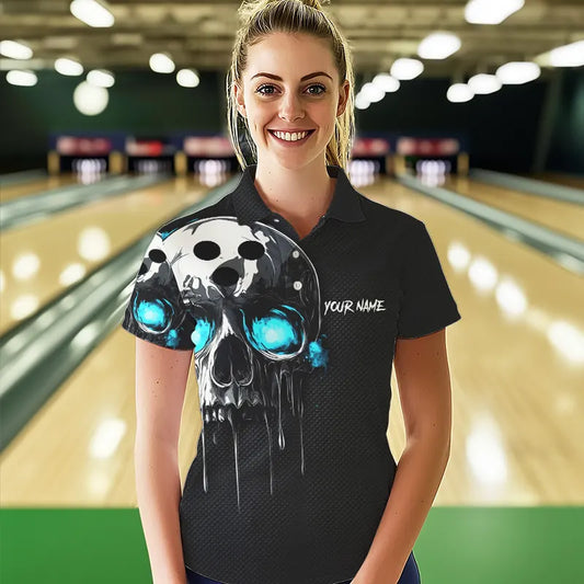 Black and Blue Skull Women's Bowling Polo, Quarter Zip shirts Custom Skull Team Bowling Jersey NQS9361