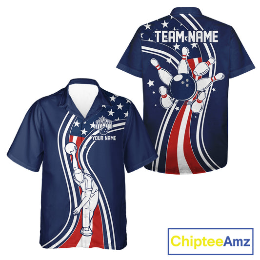 Retro bowling Hawaiian shirt Custom American flag patriotic team bowling button-up jersey | Navy NQS11430