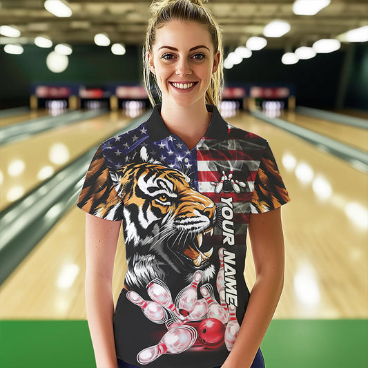 Smoke American Flag Tiger Bowling Polo, 1/4 Zip Shirts for Women Custom patriotic Team Bowling jerseys NQS9672