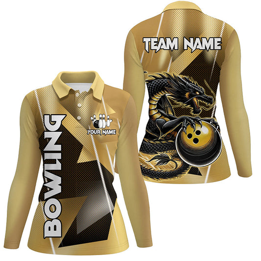Black And Gold Custom Dragon Bowling Shirts For Women, Dragon Bowling Team Shirts NQS8233