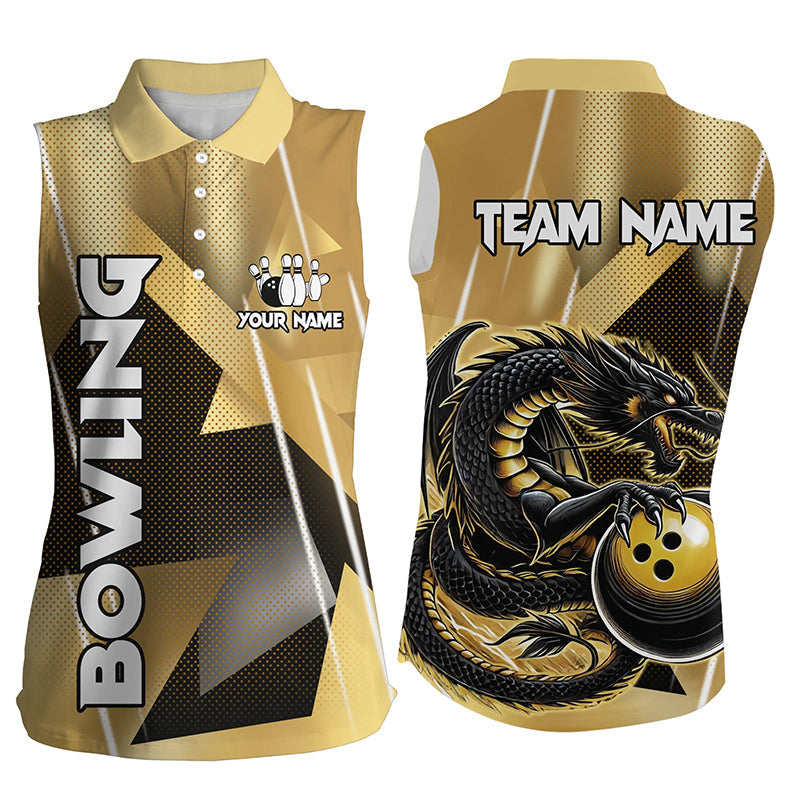 Black And Gold Custom Dragon Bowling sleeveless polo Shirts For Women, Dragon Bowling Team Shirts NQS8233