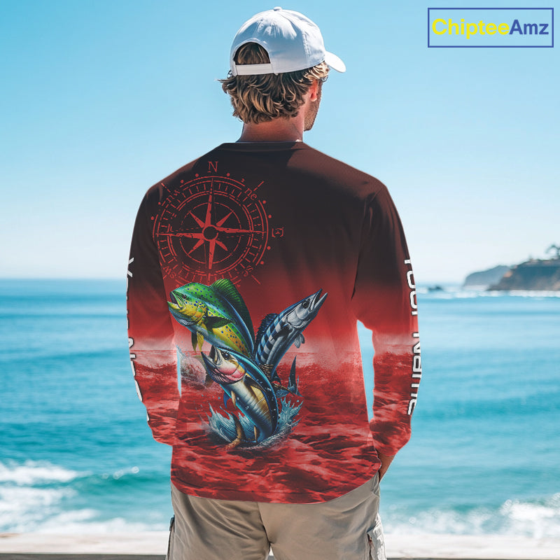 Personalized Mahi Mahi, Wahoo, Tuna Red Performance Fishing Shirt, compass offshore tournament Shirts NQS11437