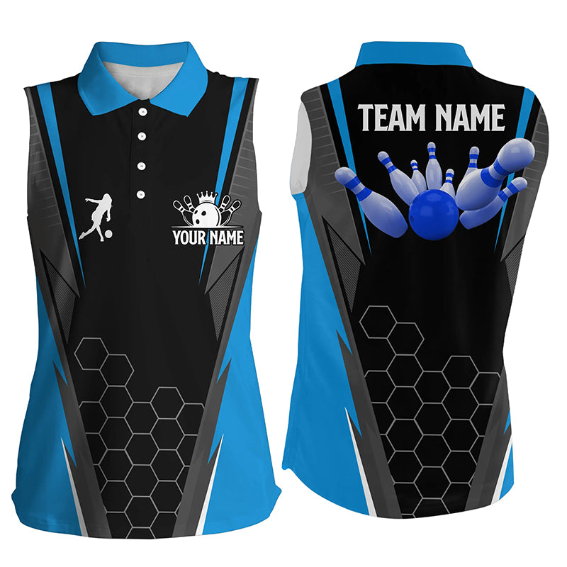 Black women's Bowling sleeveless polo Shirt Custom ladies Bowlers Jersey, team bowling outfits| Blue NQS6133