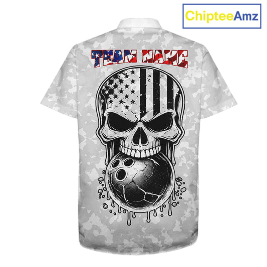 Personalized American Flag Skull Eagle Camo Bowling Team Hawaiian Shirts, Patriotic Bowling Outfits NQS11648