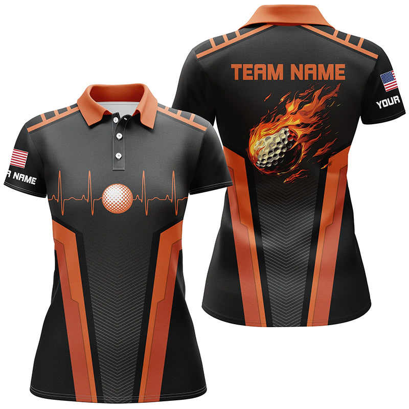 Black and orange Womens golf polo shirts custom Flame golf ball team golf tops for ladies NQS7828