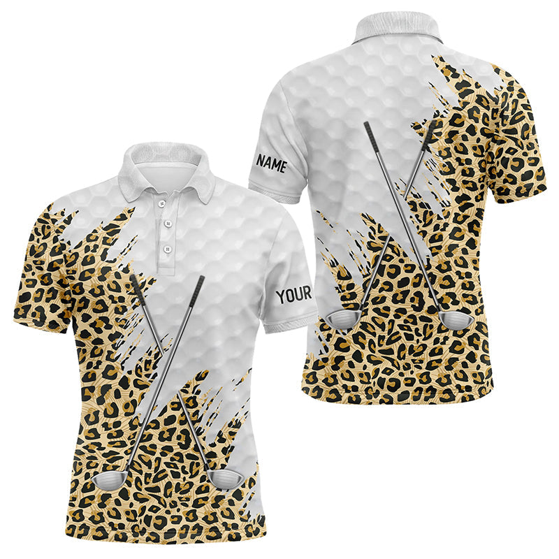 Leopard skin pattern custom name white Mens golf polo shirts, team golf tops for men NQS8051