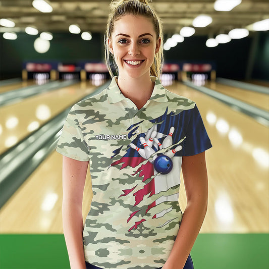 Texas Flag Green Camo Bowling Polo, Quarter Zip shirts for Women custom Texas Bowling Team Jerseys NQS9536