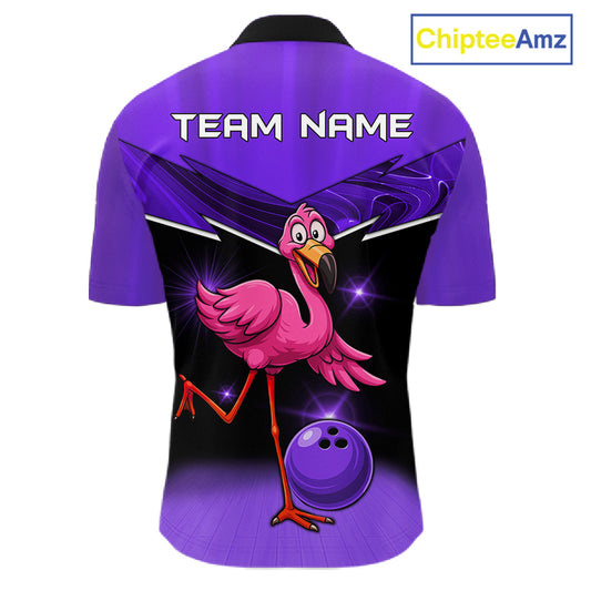 Funny Pink Flamingo Bowling Polo, 1/4 zip shirts for Men Custom Flamingo Team bowling outfit | Purple NQS11655